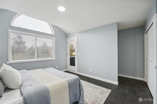 bedroom with dark hardwood / wood-style flooring, vaulted ceiling, and a closet