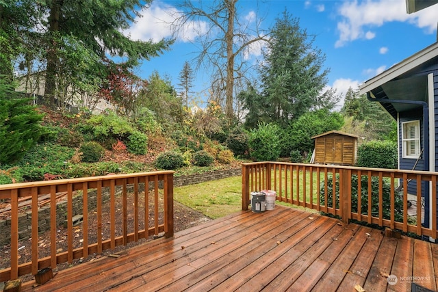 wooden deck featuring a shed