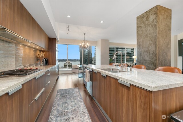 kitchen with sink, dark hardwood / wood-style flooring, backsplash, pendant lighting, and appliances with stainless steel finishes