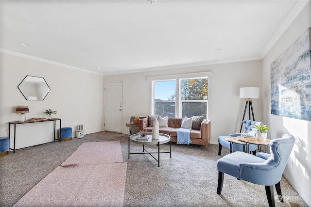 living room with crown molding and carpet floors