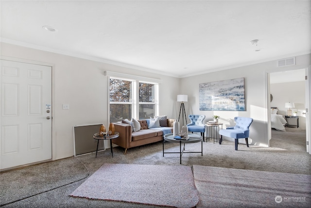 living room with carpet floors and ornamental molding