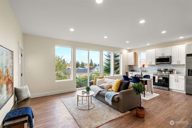 living room featuring sink and light wood-type flooring