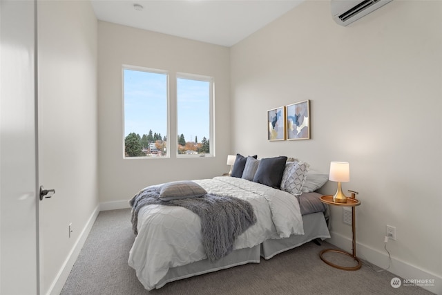 carpeted bedroom featuring a wall mounted AC