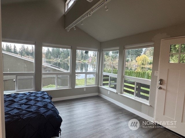 bedroom with hardwood / wood-style floors, a water view, and multiple windows