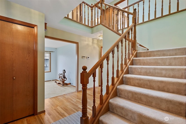 stairway featuring hardwood / wood-style flooring