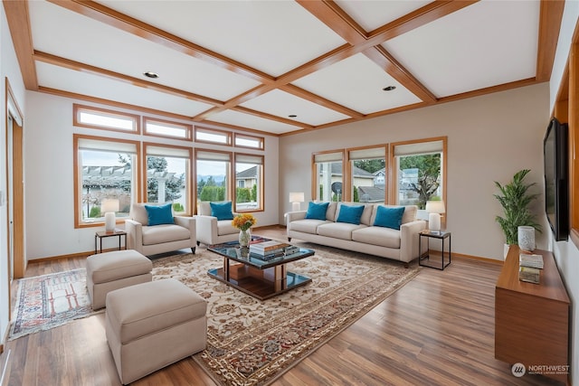 living room featuring beam ceiling, hardwood / wood-style flooring, and coffered ceiling