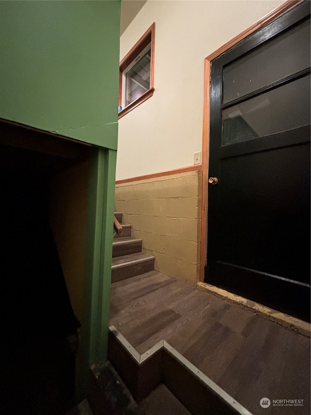 staircase featuring wood-type flooring