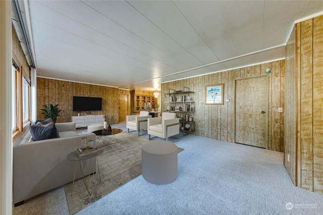 living room featuring carpet floors and wooden walls