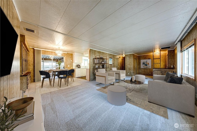 living room featuring carpet flooring and wood walls