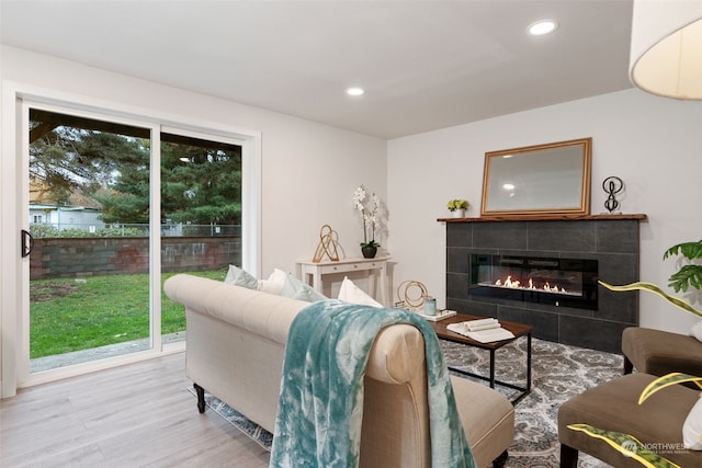 living room featuring a tiled fireplace and wood-type flooring