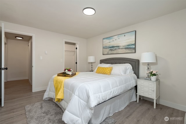 bedroom with a walk in closet, light hardwood / wood-style floors, and a closet