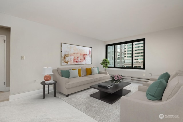 living room featuring light colored carpet and a baseboard radiator