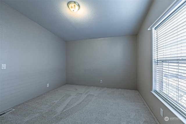 spare room featuring carpet flooring, vaulted ceiling, and a textured ceiling