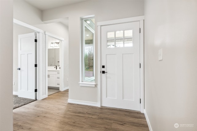 foyer featuring sink and light hardwood / wood-style floors