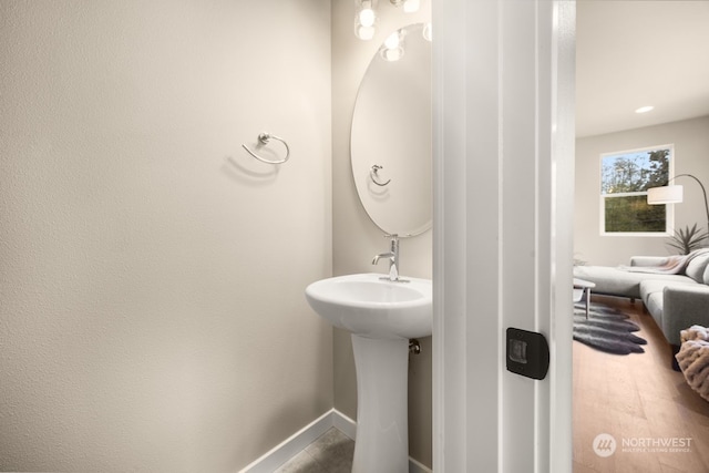 bathroom with wood-type flooring