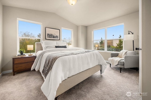 bedroom with carpet and lofted ceiling