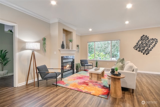 living room with a fireplace, wood-type flooring, and ornamental molding