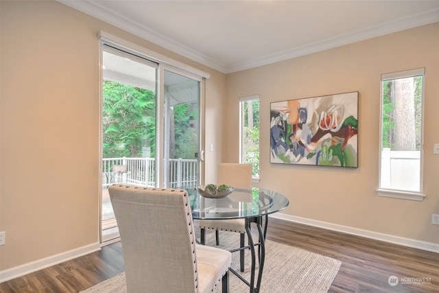 dining area with crown molding and dark wood-type flooring