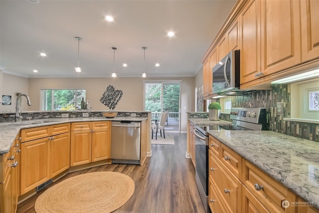 kitchen featuring sink, decorative backsplash, ornamental molding, appliances with stainless steel finishes, and dark hardwood / wood-style flooring