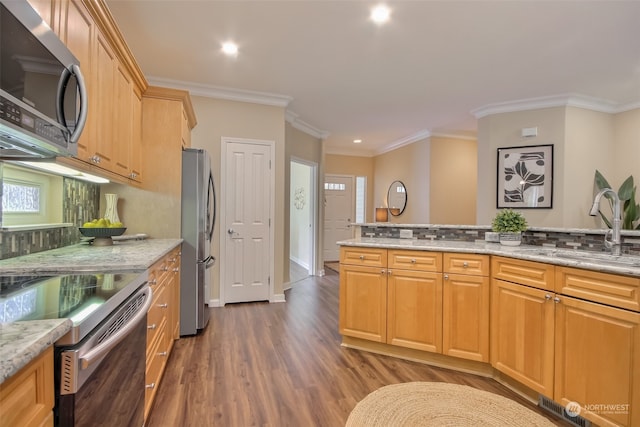 kitchen featuring dark hardwood / wood-style flooring, light stone countertops, crown molding, and appliances with stainless steel finishes