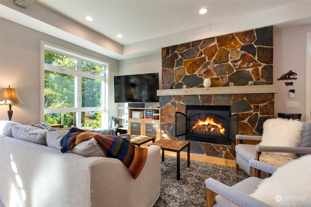 living room with a stone fireplace and hardwood / wood-style floors