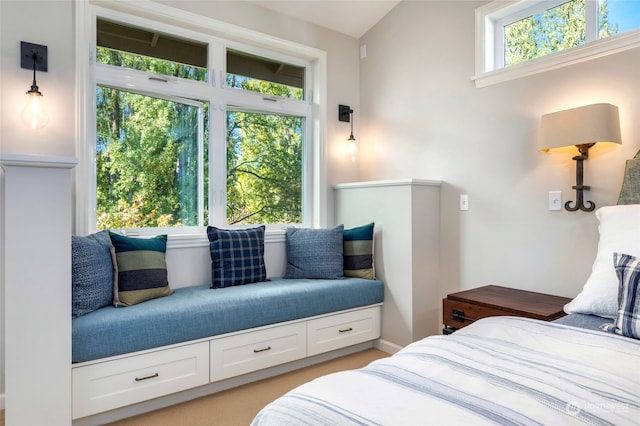 bedroom with light carpet and lofted ceiling