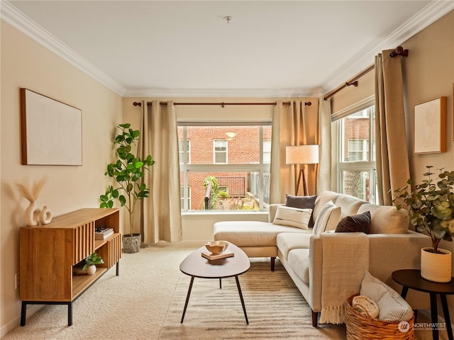 sitting room with crown molding and light carpet