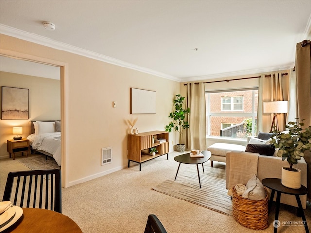 living room featuring crown molding and light carpet