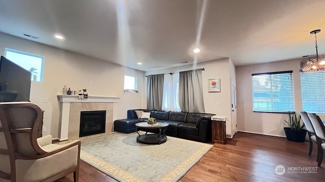 living room with a wealth of natural light, a fireplace, and hardwood / wood-style flooring