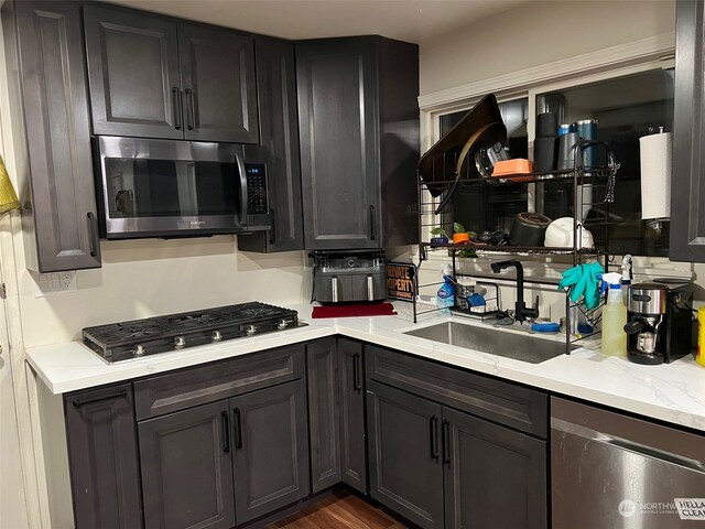 kitchen with sink, stainless steel appliances, and dark wood-type flooring