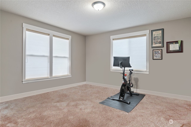 exercise room with carpet floors and a textured ceiling