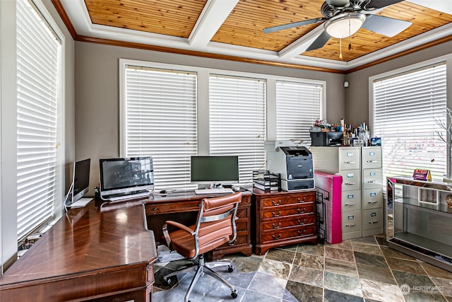 home office featuring ceiling fan, wood ceiling, and crown molding