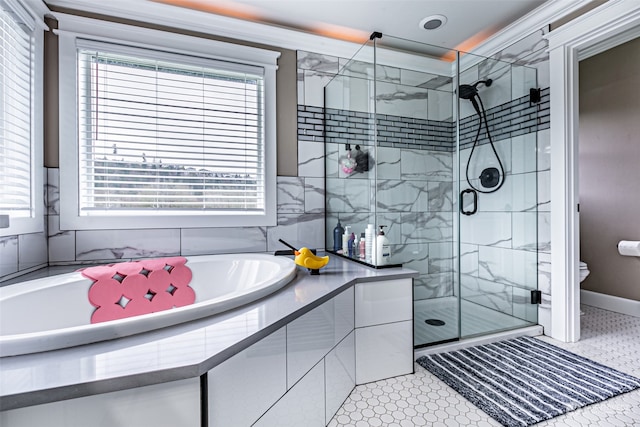 bathroom featuring tile patterned floors, plenty of natural light, and plus walk in shower