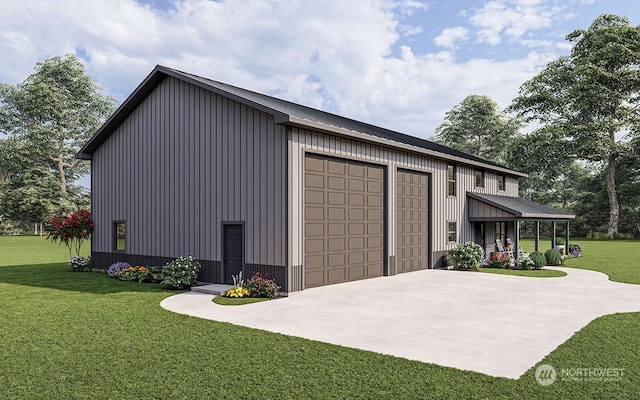 view of outbuilding with a yard and a garage