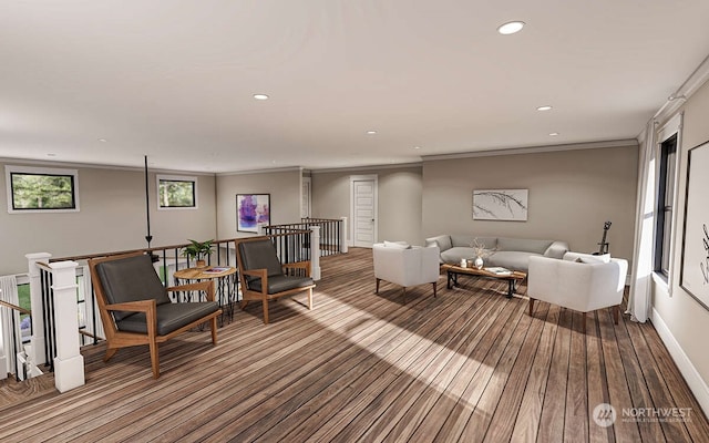 living room featuring crown molding and wood-type flooring