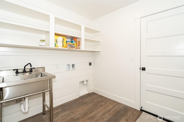 washroom featuring laundry area, a sink, hookup for an electric dryer, washer hookup, and dark wood-style flooring