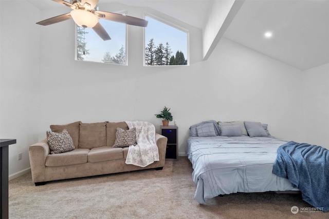 bedroom with carpet flooring, lofted ceiling with beams, and ceiling fan