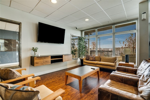 living room featuring a drop ceiling and dark hardwood / wood-style flooring