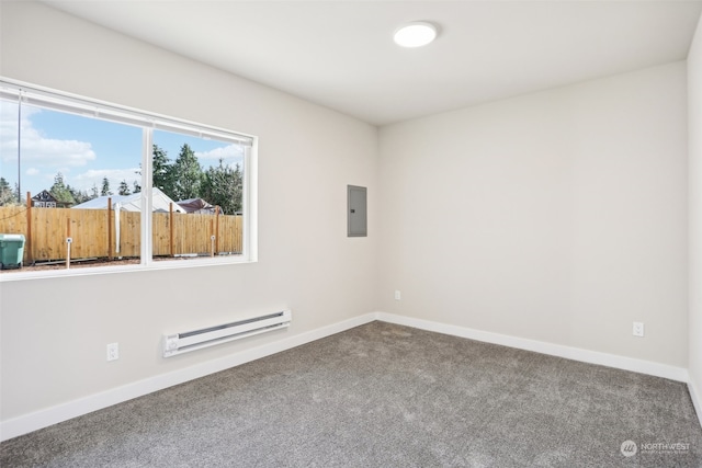 carpeted spare room with electric panel and baseboard heating