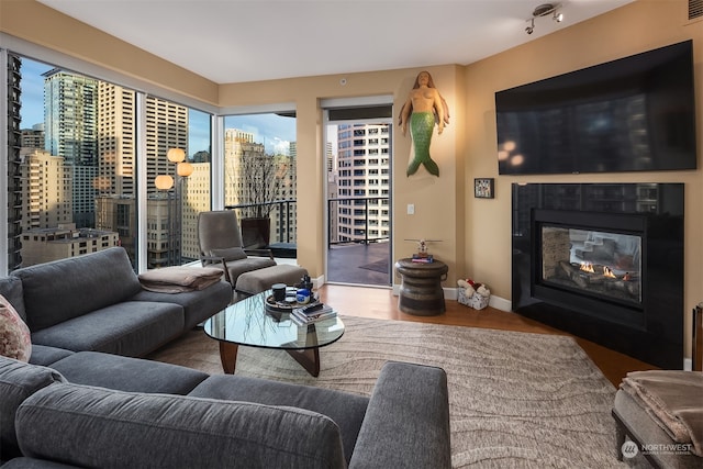 living room with a multi sided fireplace and hardwood / wood-style floors