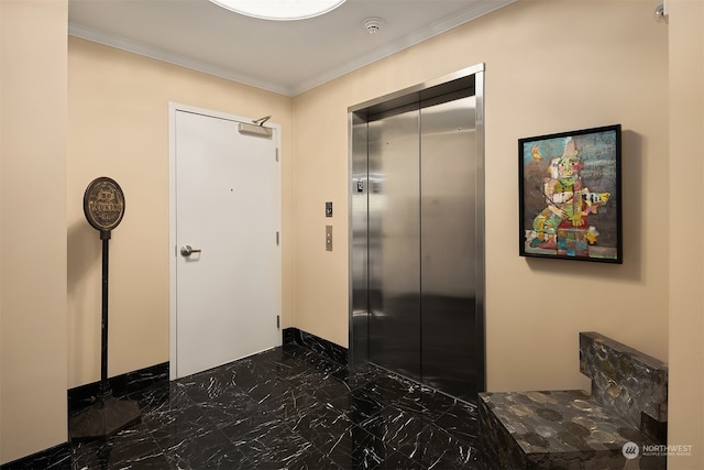 interior space with elevator and ornamental molding