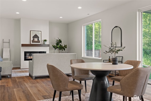 dining room with a tile fireplace, a healthy amount of sunlight, and hardwood / wood-style floors