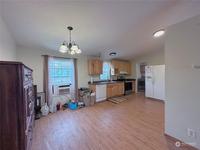 kitchen with sink, hanging light fixtures, a chandelier, light hardwood / wood-style floors, and white appliances