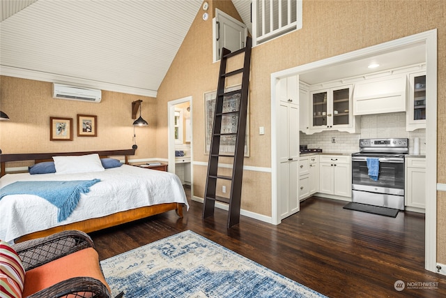 bedroom featuring dark wood-type flooring, lofted ceiling, and a wall unit AC