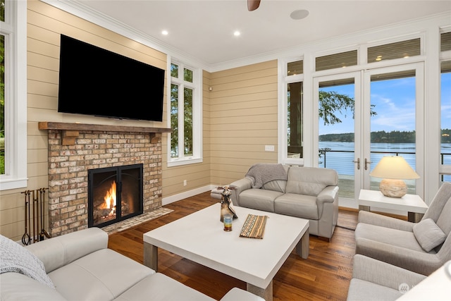 living room with a water view, plenty of natural light, dark wood-type flooring, and a fireplace