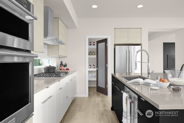 kitchen featuring appliances with stainless steel finishes, light wood-type flooring, wall chimney exhaust hood, and sink