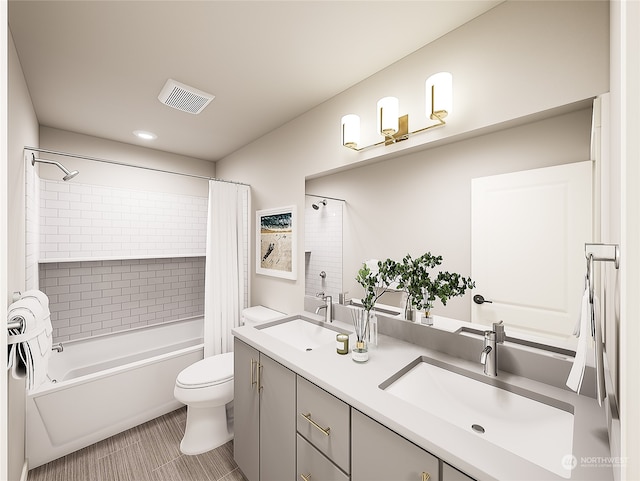 full bathroom with shower / tub combo, vanity, toilet, and tile patterned floors