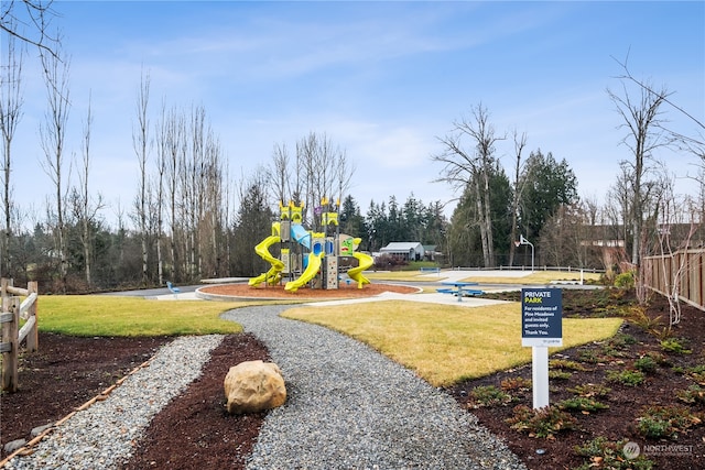 view of playground featuring a lawn