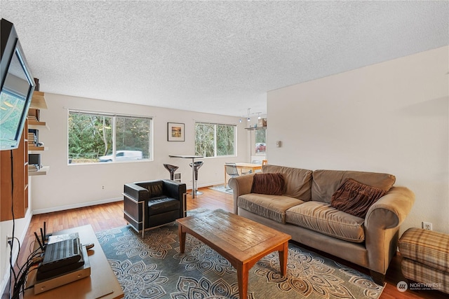 living room featuring hardwood / wood-style flooring, plenty of natural light, and a textured ceiling