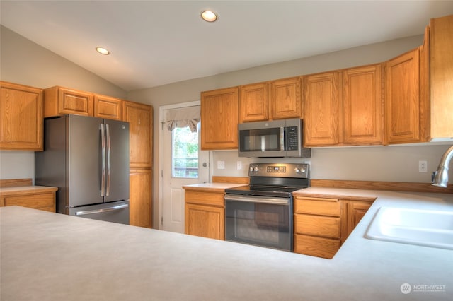 kitchen featuring sink, appliances with stainless steel finishes, and vaulted ceiling